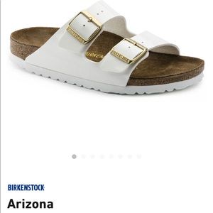 Birkenstock Patent White Arizona’s with gold